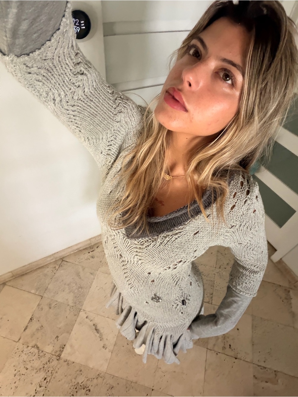Just Cavalli Light Gray Long Sleeve Knit Dress with Ruffle Hem